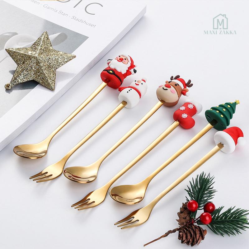 SG Seller Christmas Spoon Cutlery Set Dessert Coffee Spoon Fruit Fork Christmas Tree Small Spoon Gift Spoon