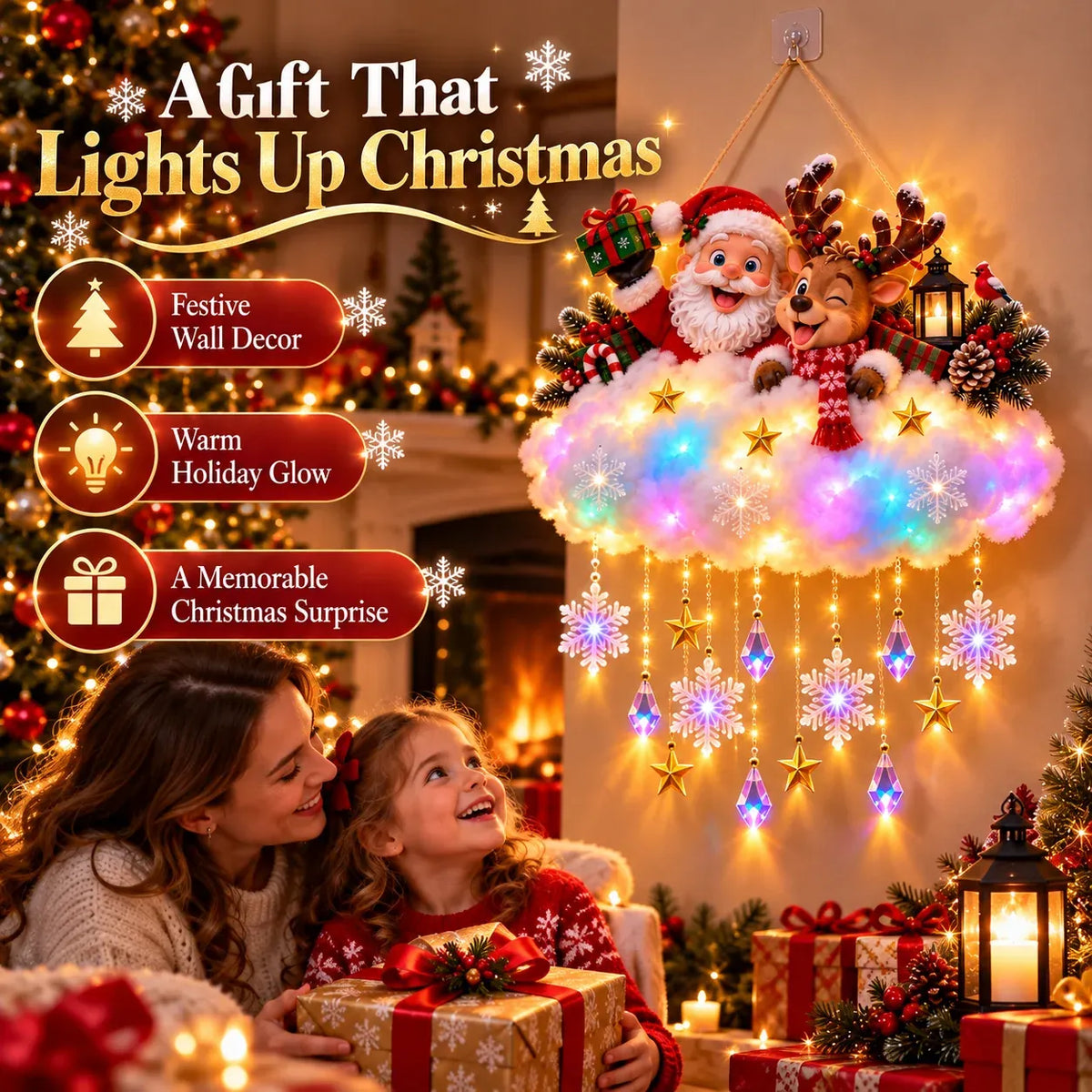 A parent and child watching the lit cloud hanging decor together in a warm living room at Christmas