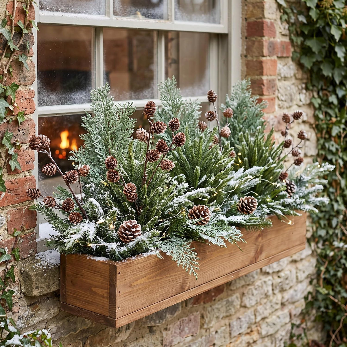 Tigeen 16 Pcs Christmas Window Box Decorations, Cedar Picks with Pinecones | 18 Inch 2 Style Cedar Picks with 17.3 Inch Pine Cone Stems, Faux Evergreen Greenery Sprays for Xmas Planter, Porch, Vase