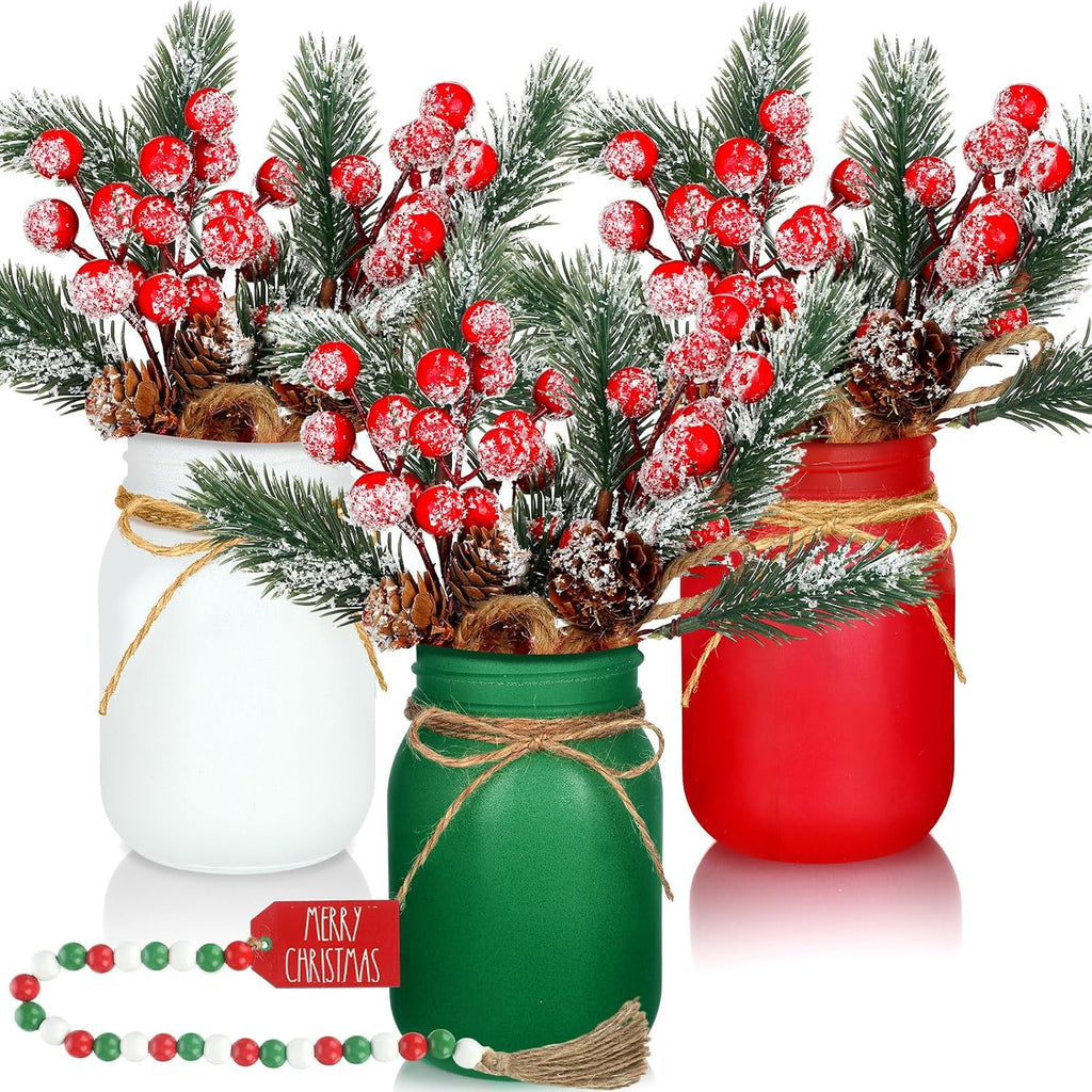Karenhi 16 Pcs Christmas Mason Jar Centerpieces Pine Berries,Pine Needles | Red Green White Frosted Jars with Pinecones Garland Wooden Sign, Farmhouse Dining Kitchen Indoor Holiday Tabletop Decor Set