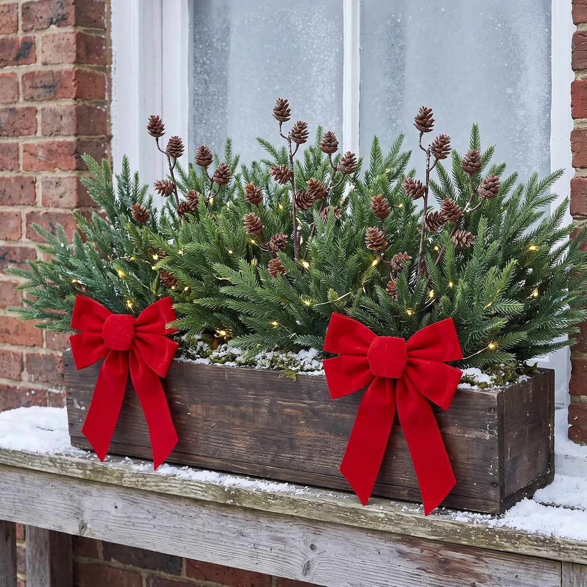 Tigeen 16 Pcs Christmas Window Box Decorations, Cedar Picks with Pinecones | 18 Inch 2 Style Cedar Picks with 17.3 Inch Pine Cone Stems, Faux Evergreen Greenery Sprays for Xmas Planter, Porch, Vase