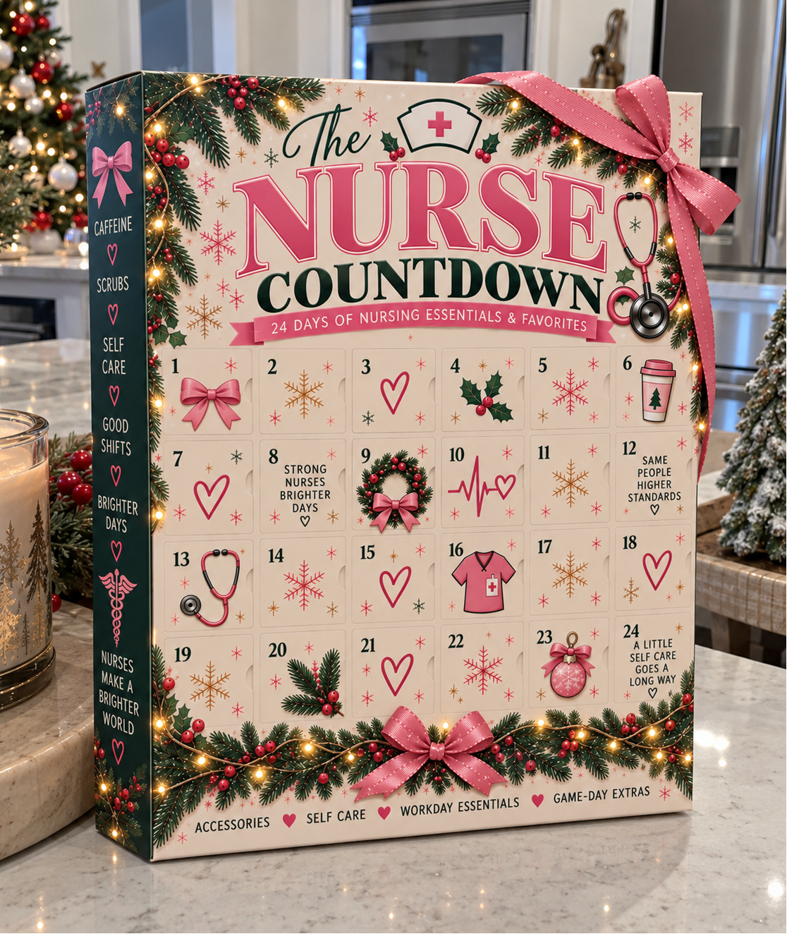 The Nurse Countdown advent calendar, a cream and pink box with 24 numbered doors, a pink ribbon bow, pine garland and fairy lights