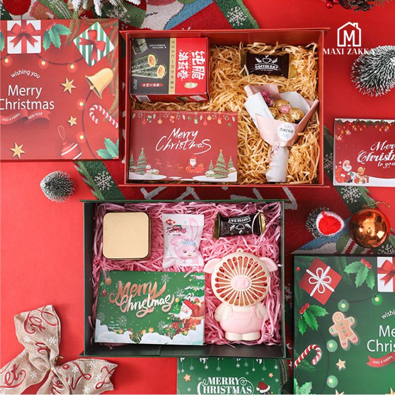 Ready Stock Christmas Premium Solid Hard Gift Box with Raffia Card Ribbon Gift Packaging Magnetic Folding Xmas