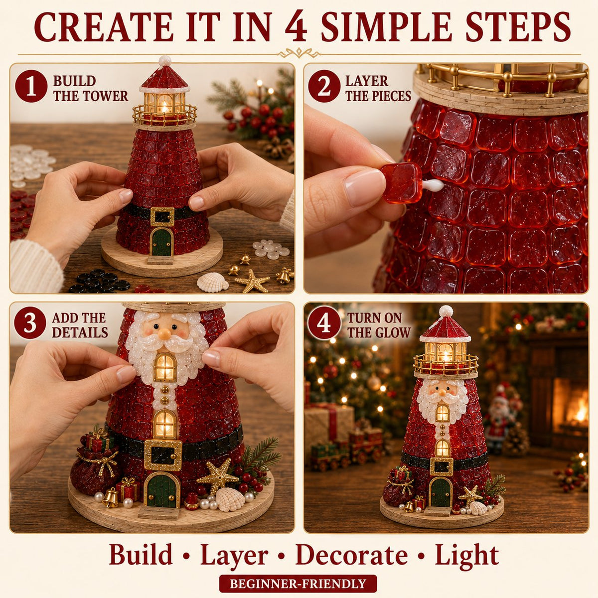 🎄Christmas Character Sea Glass-Style Lighthouse Kit Collection | Complete Kit with Sea Glass-Style Pieces, LED Lights & Step-by-Step Guide Included 💕