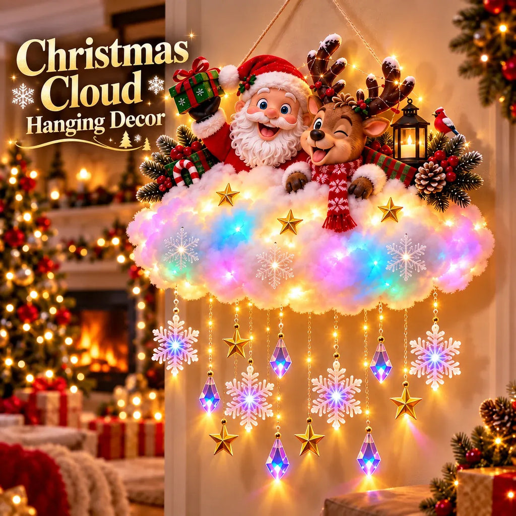 A light-up flocked cloud hanging decor with Santa riding, a reindeer and a snowman, strung with warm bulbs and hanging star lights