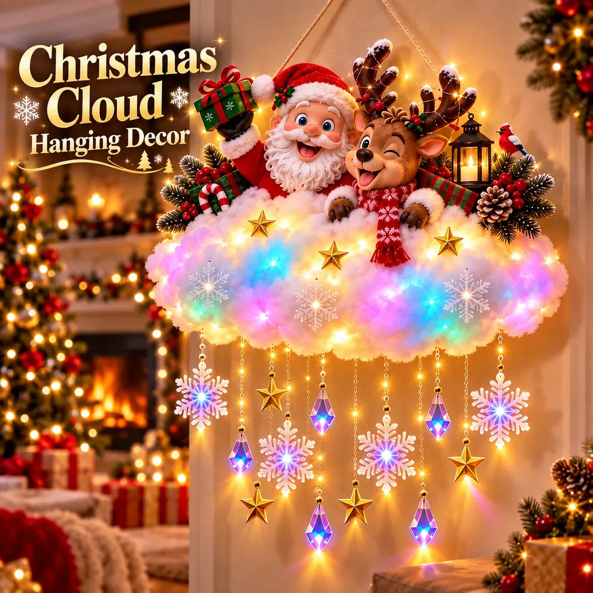 A light-up flocked cloud hanging decor with Santa riding, a reindeer and a snowman, strung with warm bulbs and hanging star lights
