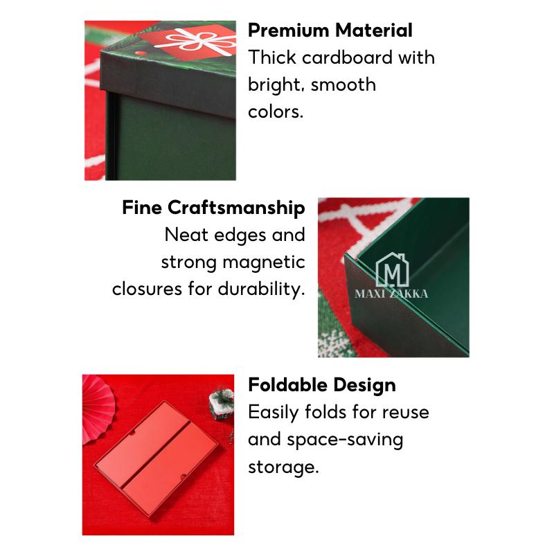 Ready Stock Christmas Premium Solid Hard Gift Box with Raffia Card Ribbon Gift Packaging Magnetic Folding Xmas