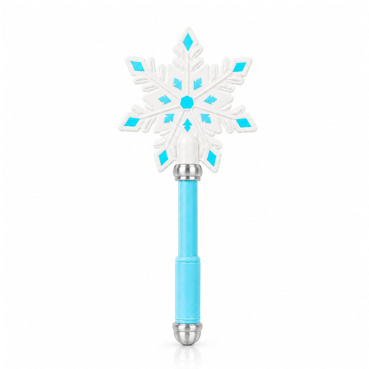 A wand card holder topped with a pale blue and white snowflake, on a light blue handle