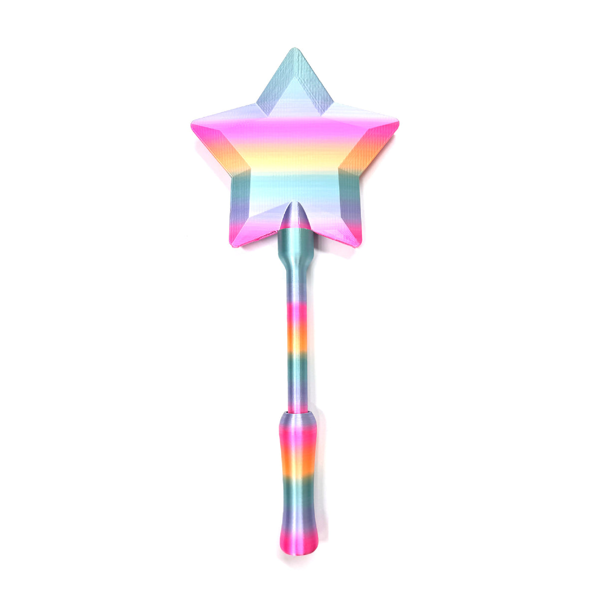 A wand card holder topped with a star in a pastel rainbow gradient, on a rainbow striped handle