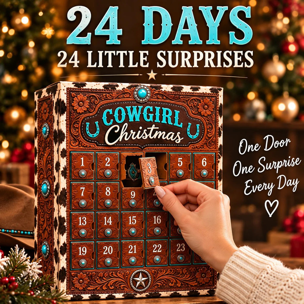 Hand opening a numbered compartment on the cowgirl Christmas countdown calendar