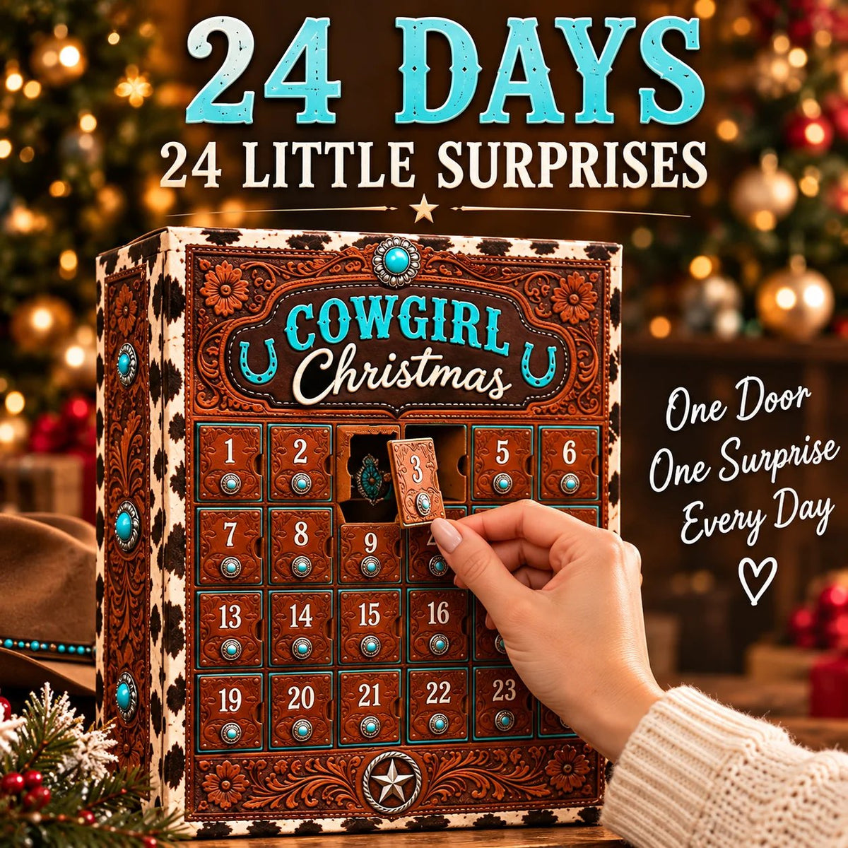 Hand opening a numbered compartment on the cowgirl Christmas countdown calendar