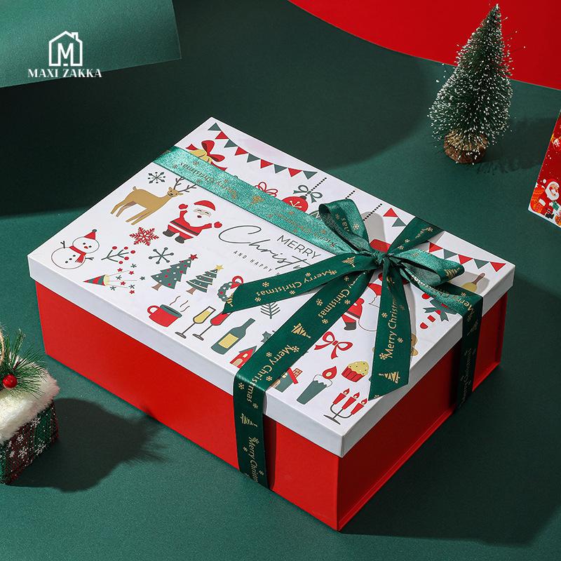 Ready Stock Christmas Premium Solid Hard Gift Box with Raffia Card Ribbon Gift Packaging Magnetic Folding Xmas