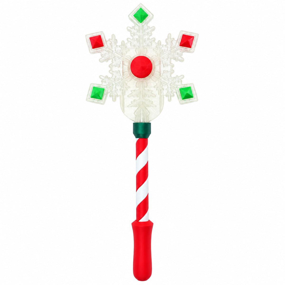 A wand card holder topped with a red and white snowflake, on a red and white striped handle