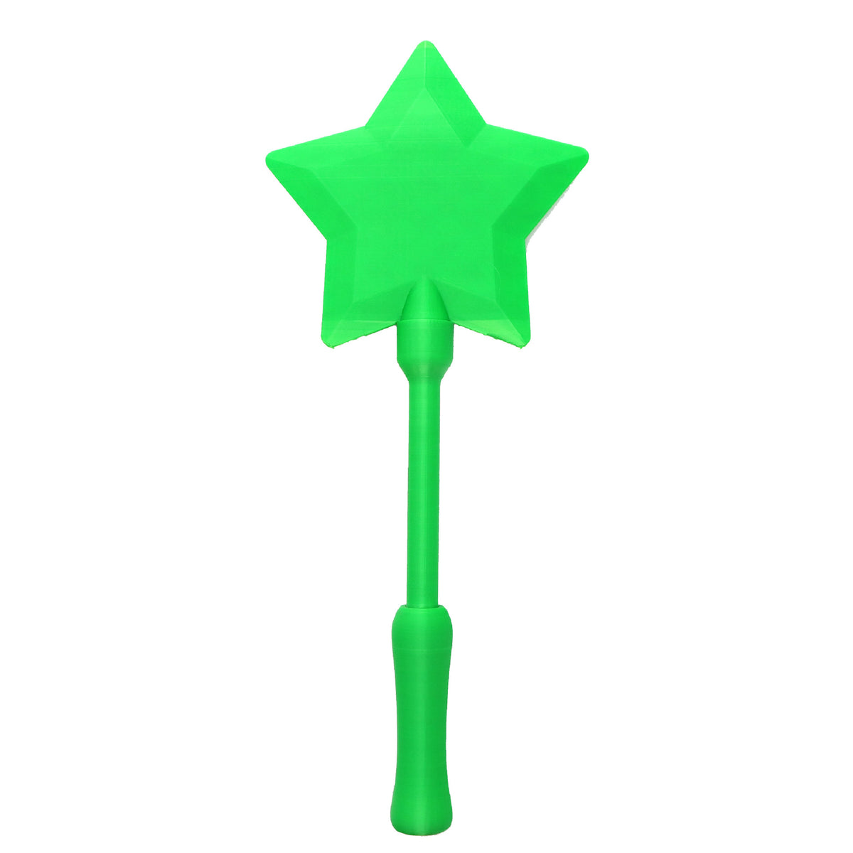 A wand card holder topped with a green five point star, with a solid green handle