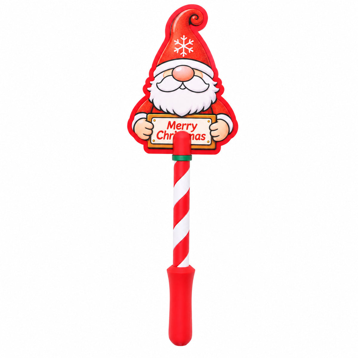 A wand card holder topped with a Christmas gnome in a red hat and white beard, on a red and white striped handle