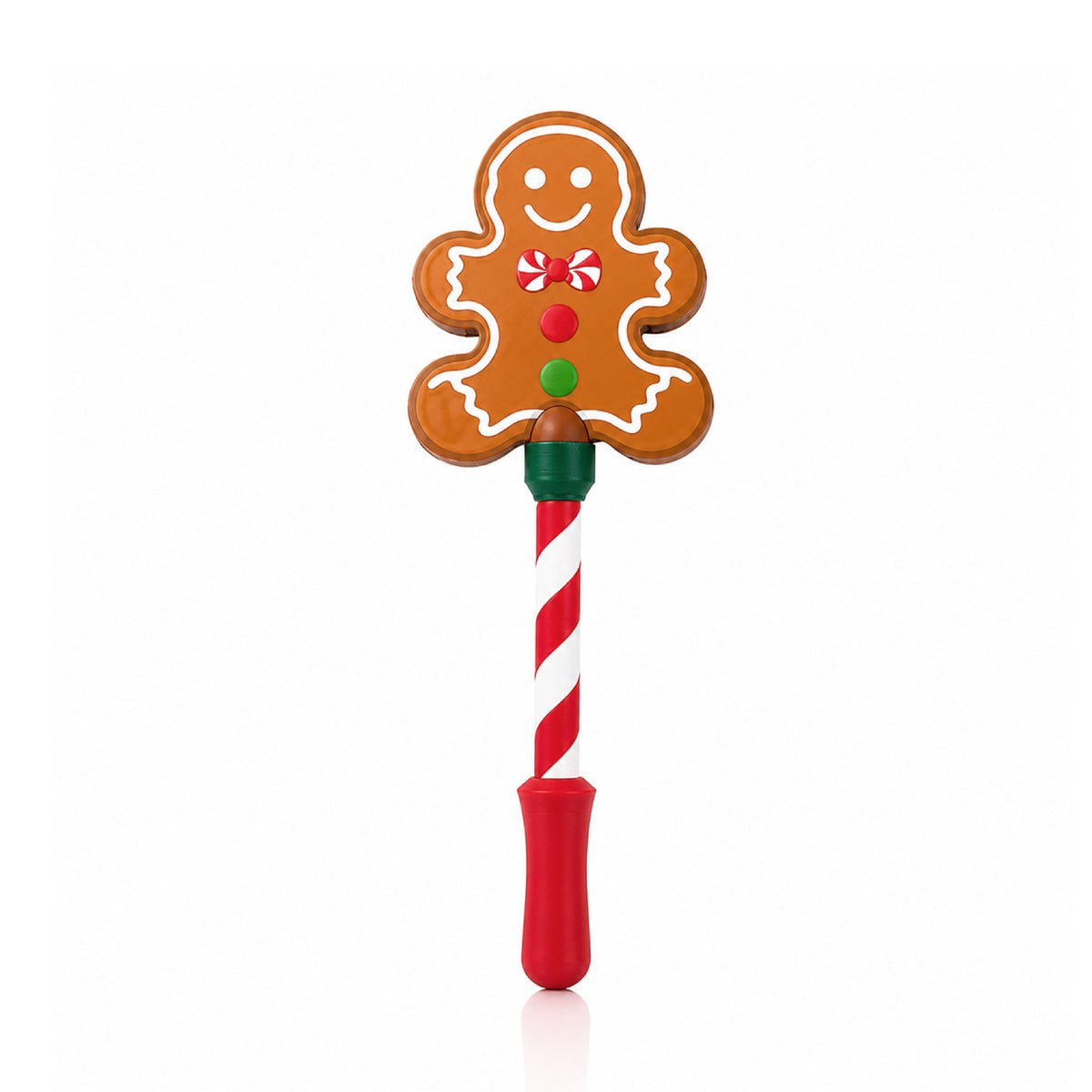 A wand card holder topped with a gingerbread man decorated with white icing, on a red and white striped handle
