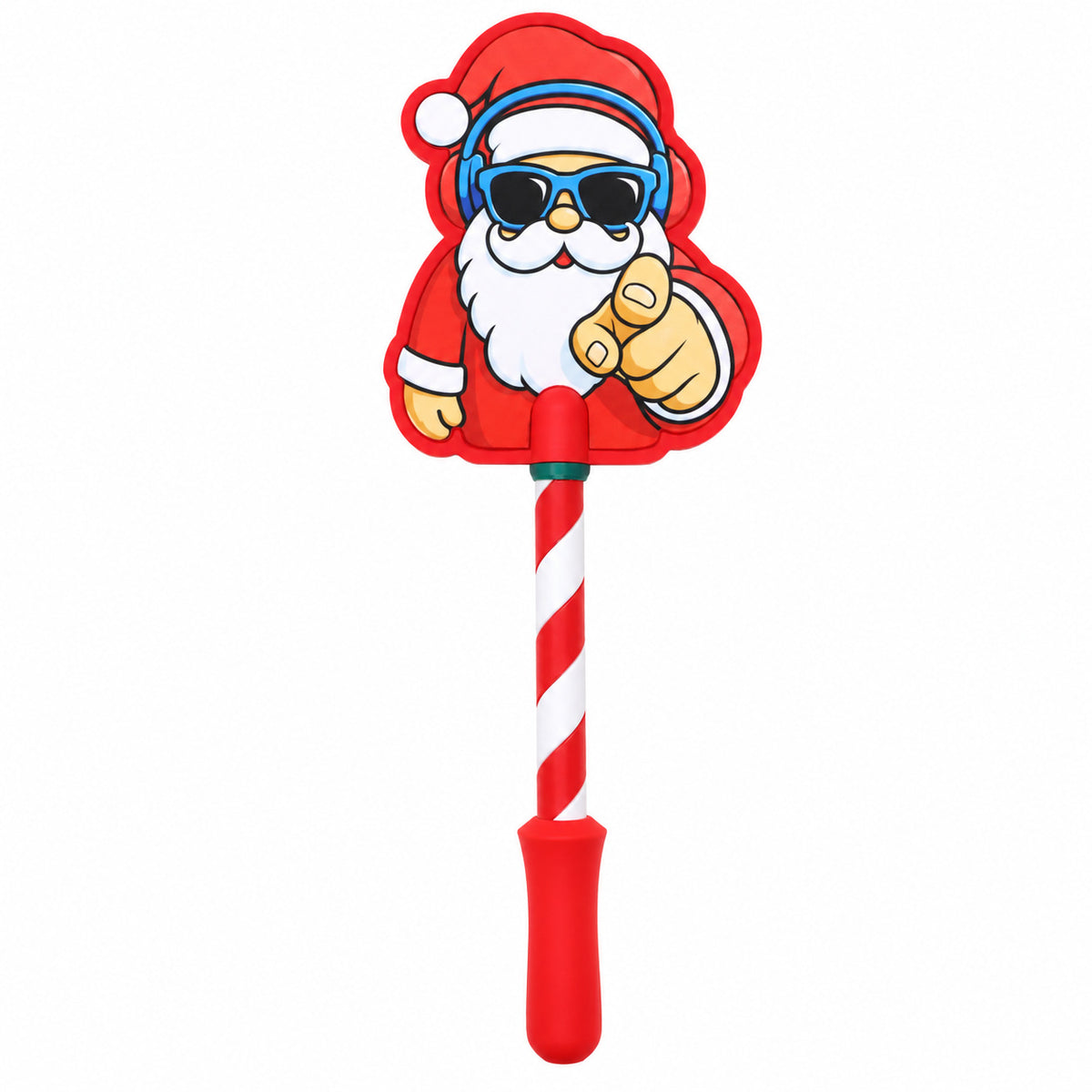 A wand card holder topped with Santa Claus wearing sunglasses and pointing a finger, on a red and white striped handle