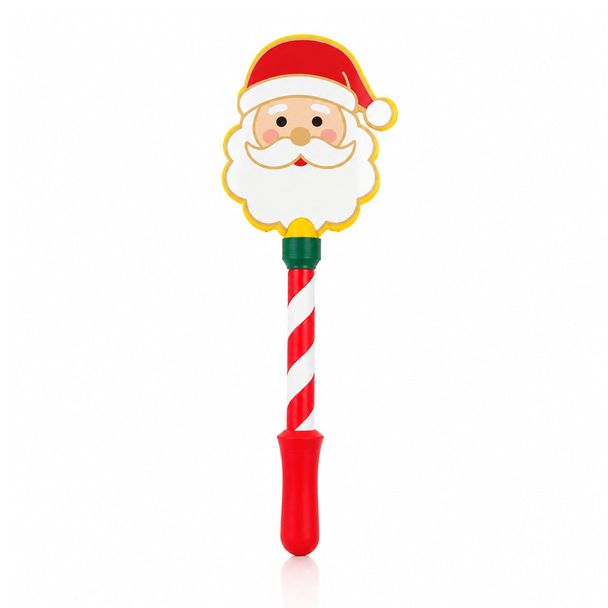 A wand card holder topped with a smiling Santa Claus face with a white beard, on a red and white striped handle