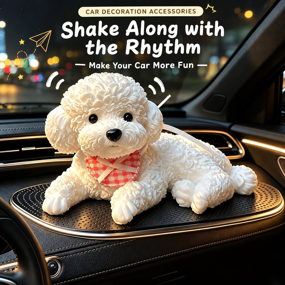 White bichon squishy silicone puppy lying with a red checkered bandana on a black silicone mat in a car