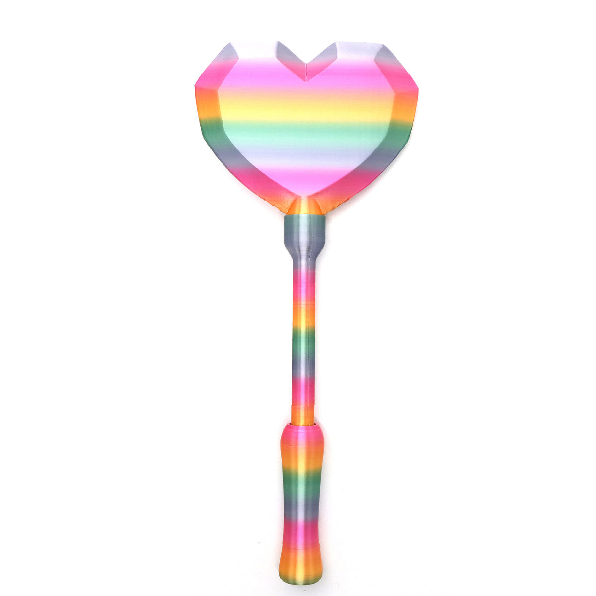 A wand card holder topped with a heart in a pastel rainbow gradient, on a rainbow striped handle