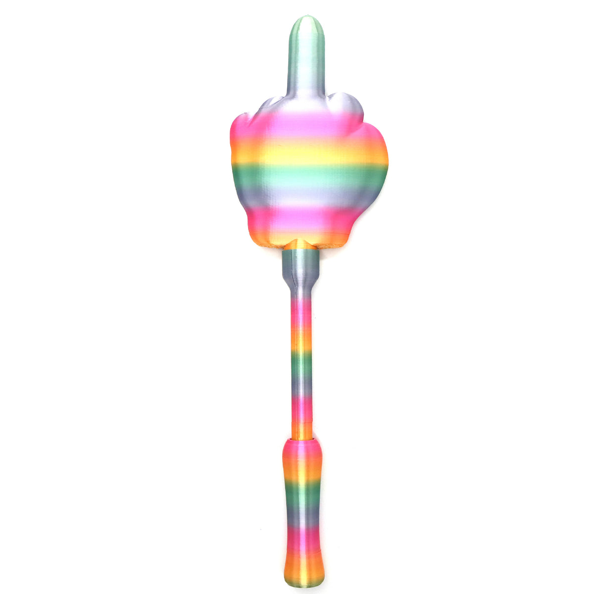 A wand card holder topped with a hand holding up one finger, finished in a pastel rainbow gradient