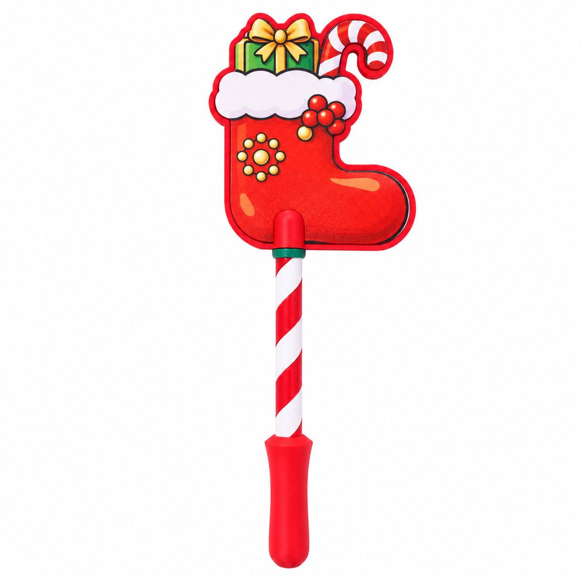 A wand card holder topped with a red Christmas stocking overflowing with gifts, on a red and white striped handle