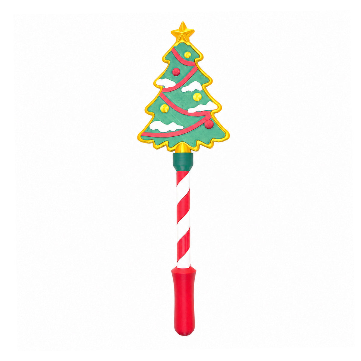 A wand card holder topped with a decorated Christmas tree hung with baubles, on a red and white striped handle